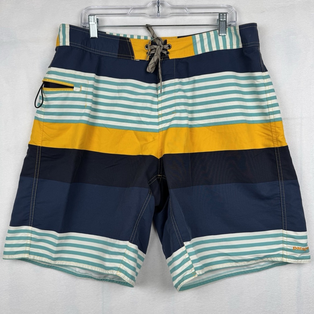 Patagonia Board Shorts Men 38 Colorblock Yellow Blue Stripe 100% Nylon